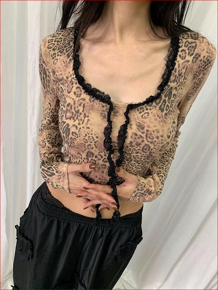 FOURFORTY Leopard Lace U Neck Slim Fit Women's Polyester Cotton Blend Long Sleeve T-shirts