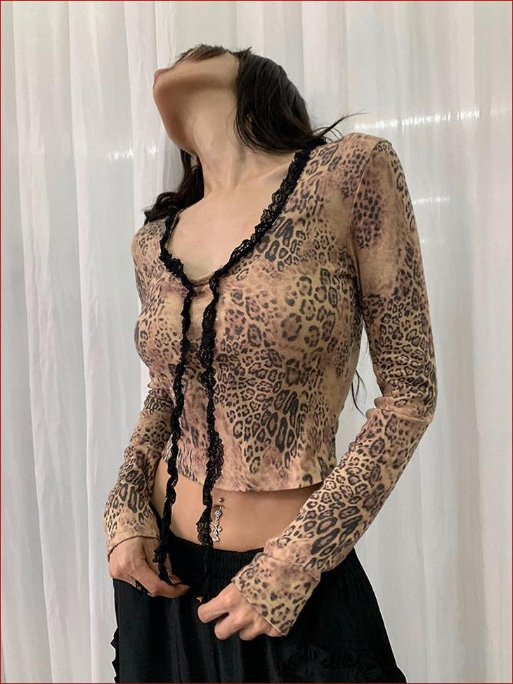FOURFORTY Leopard Lace U Neck Slim Fit Women's Polyester Cotton Blend Long Sleeve T-shirts