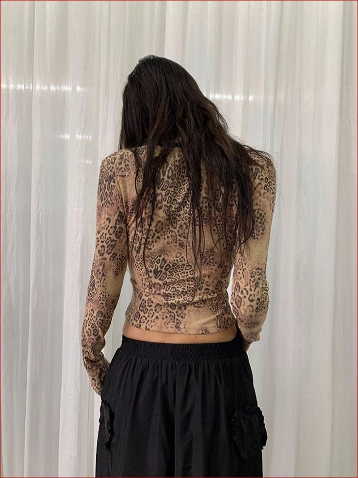 FOURFORTY Leopard Lace U Neck Slim Fit Women's Polyester Cotton Blend Long Sleeve T-shirts