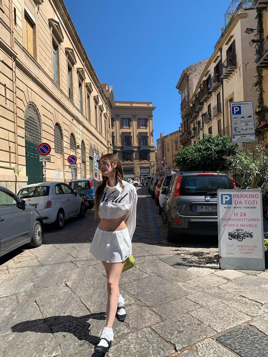 FOURFORTY Letter Print Collar Cropped Shirt Women's Cotton Pleated Skirts