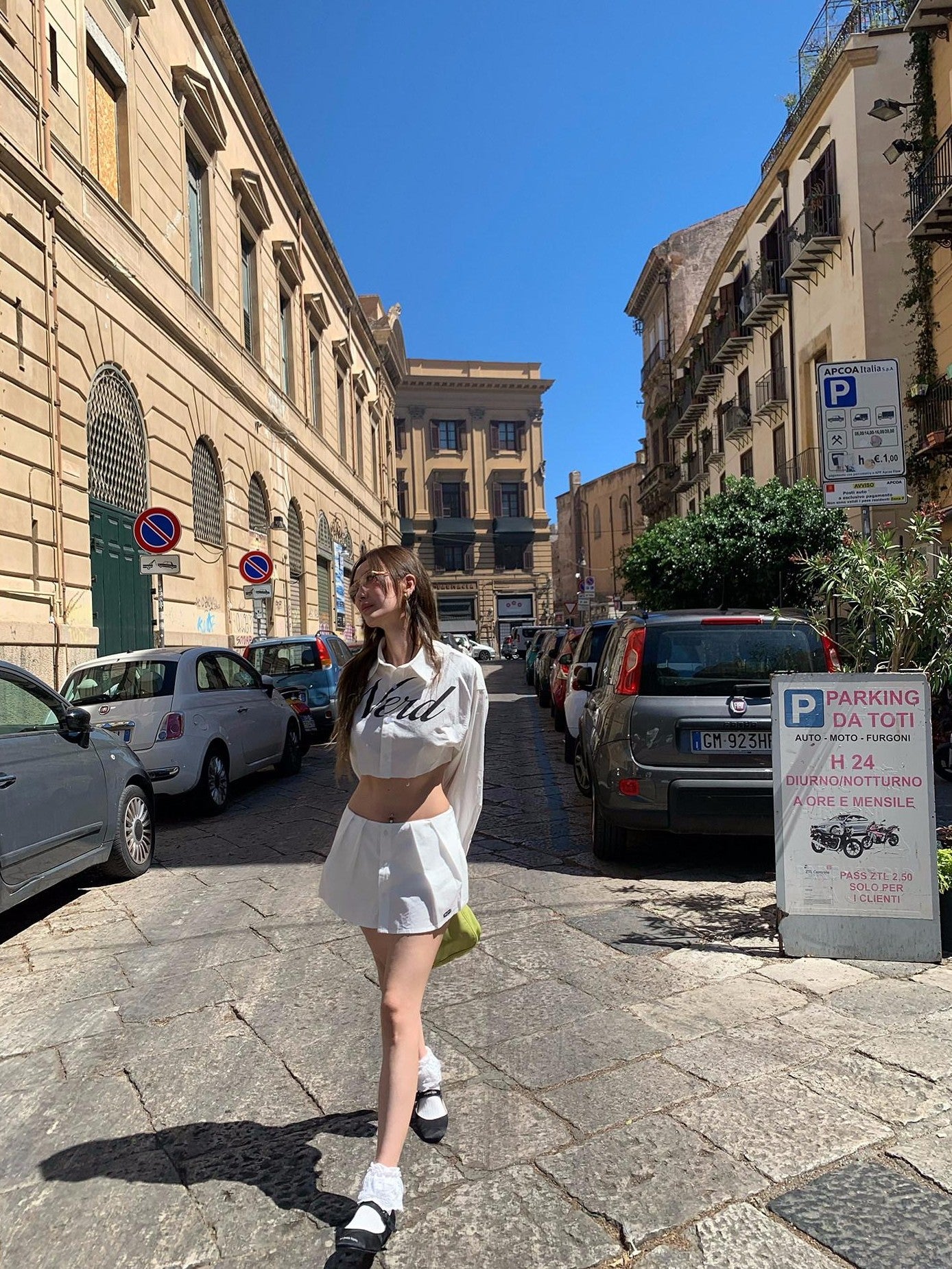 FOURFORTY Letter Print Collar Cropped Shirt Women's Cotton Pleated Skirts
