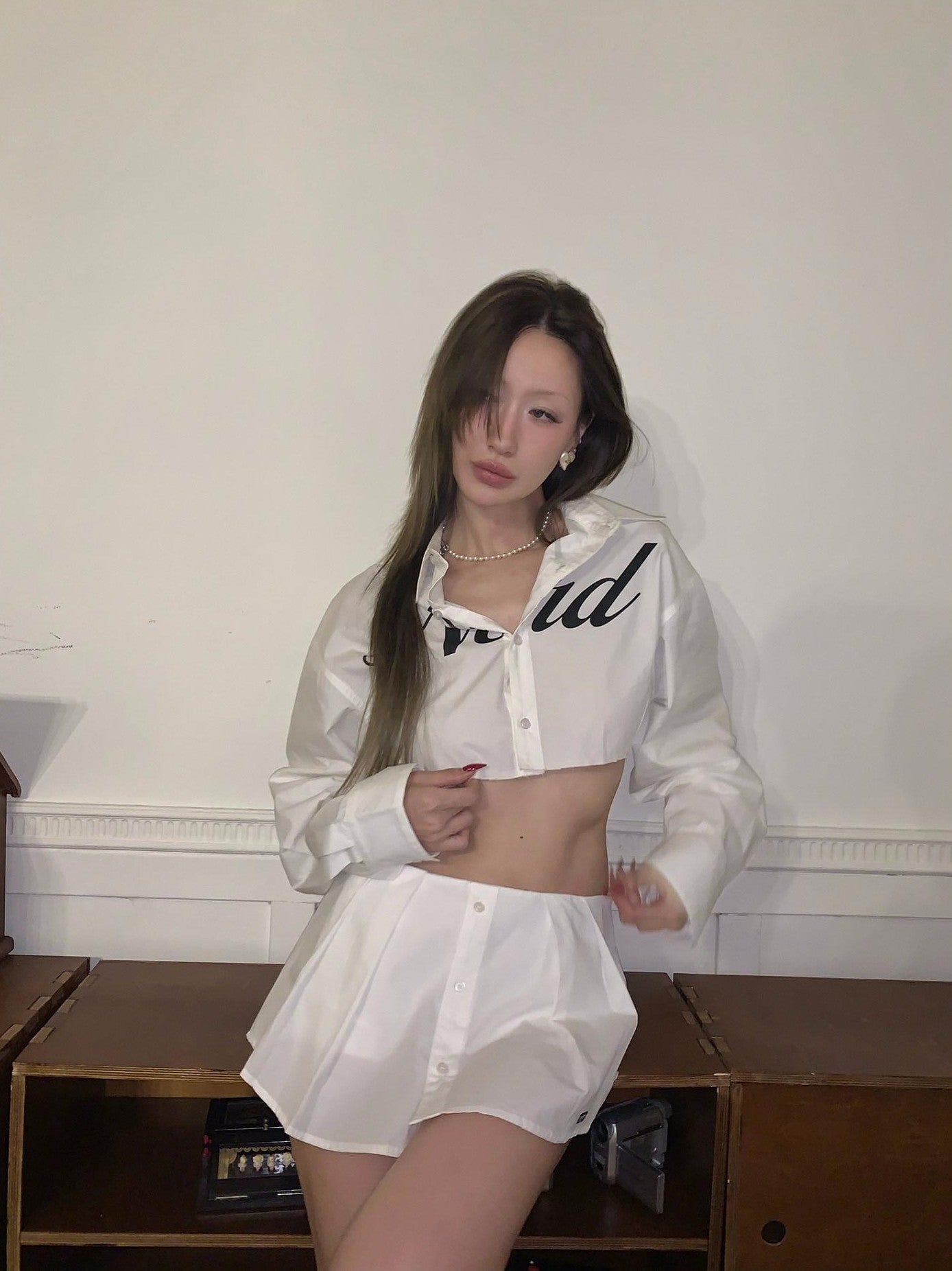FOURFORTY Letter Print Collar Cropped Shirt Women's Cotton Pleated Skirts
