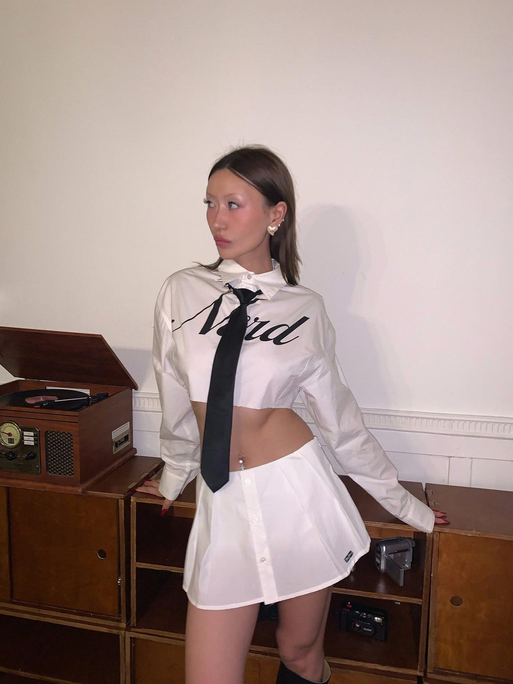 FOURFORTY Letter Print Collar Cropped Shirt Women's Cotton Pleated Skirts