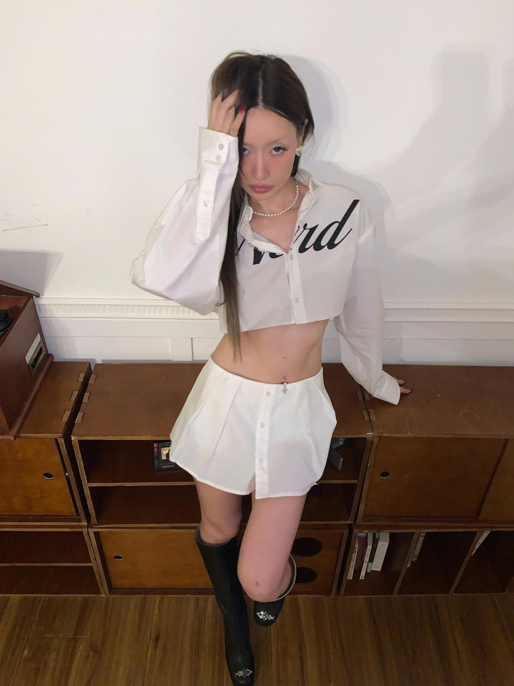 FOURFORTY Letter Print Collar Cropped Shirt Women's Cotton Pleated Skirts