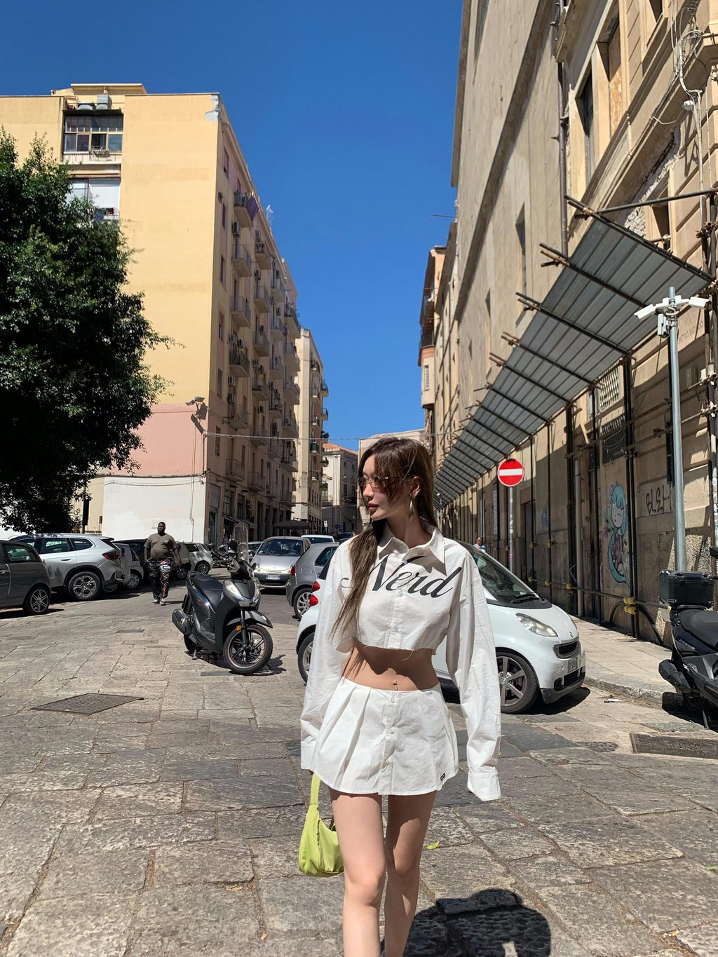 FOURFORTY Letter Print Collar Cropped Shirt Women's Cotton Pleated Skirts