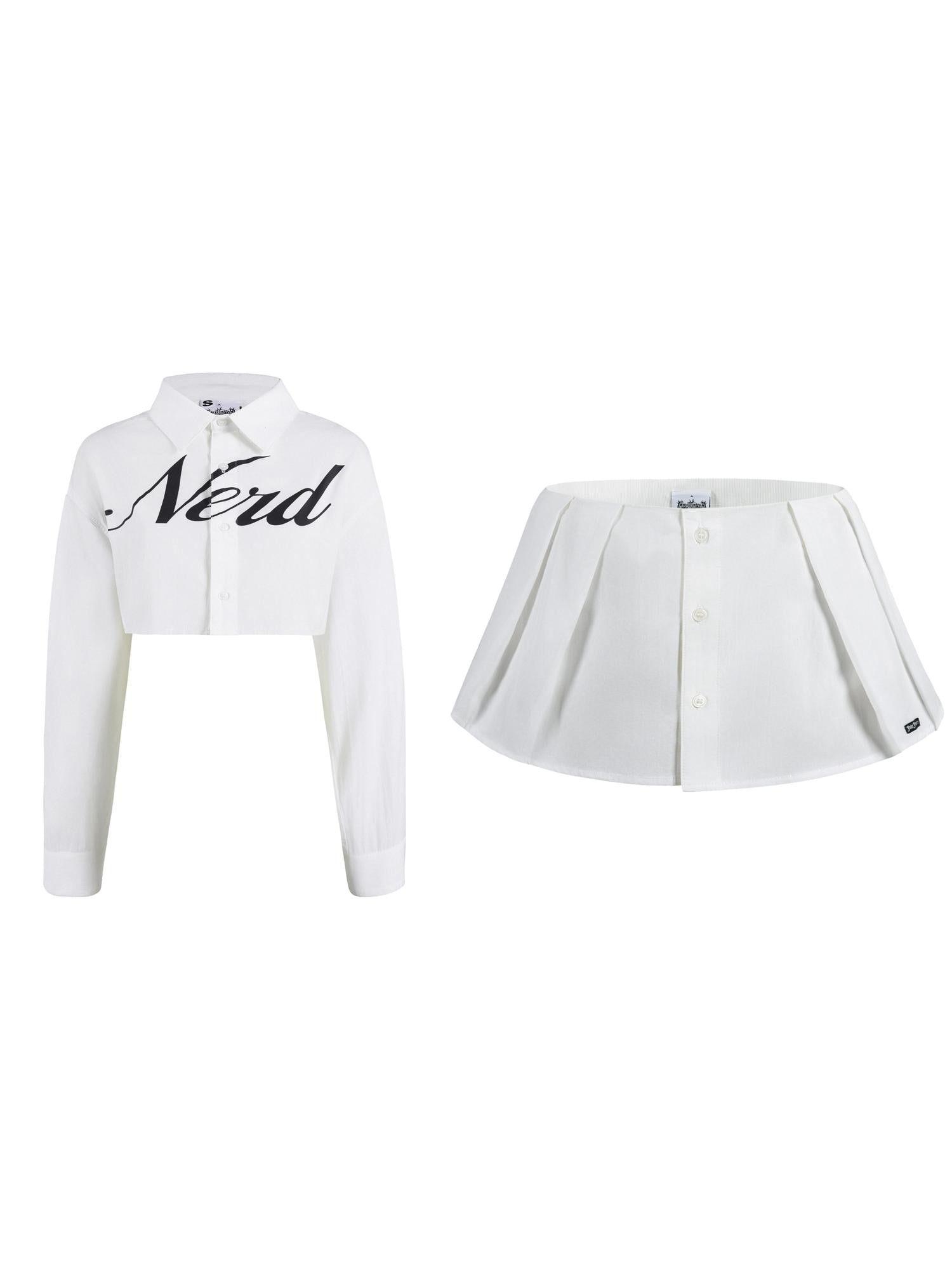 FOURFORTY Letter Print Collar Cropped Shirt Women's Cotton Pleated Skirts