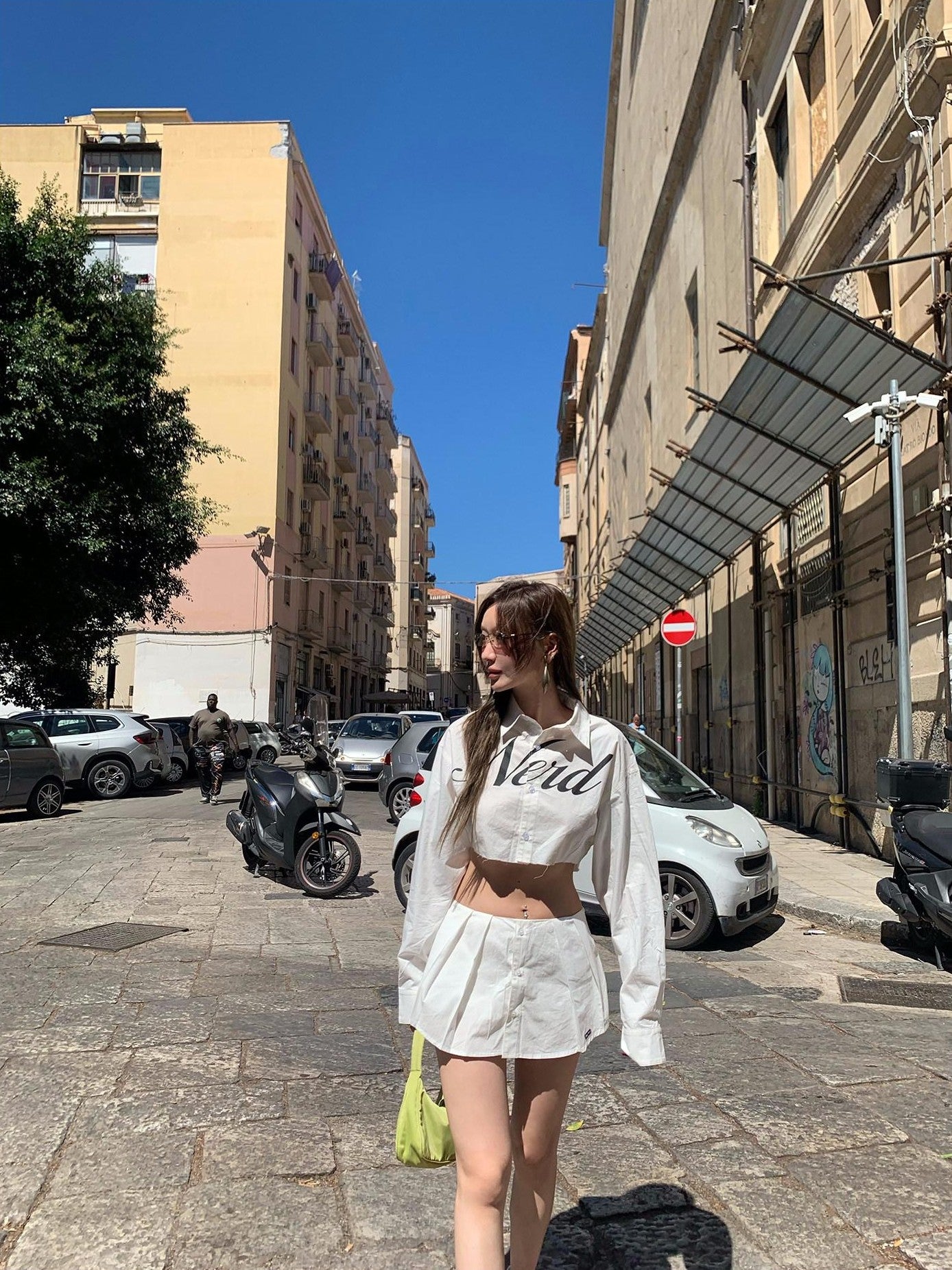 FOURFORTY Letter Print Collar Cropped Shirt Women's Cotton Pleated Skirts