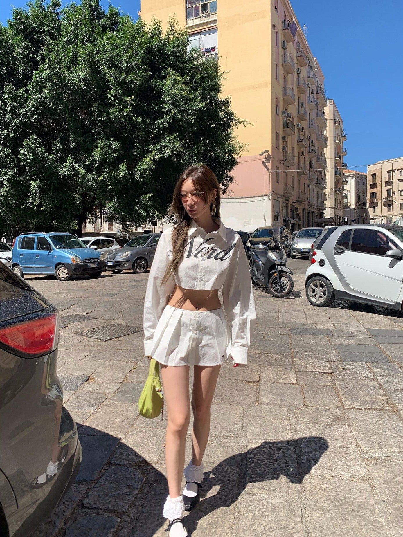 FOURFORTY Letter Print Collar Cropped Shirt Women's Cotton Pleated Skirts