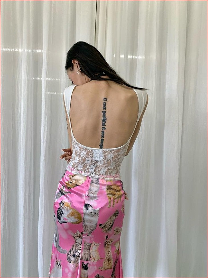 FOURFORTY Letter Print Lace Backless Party Women's Nylon Tank Tops