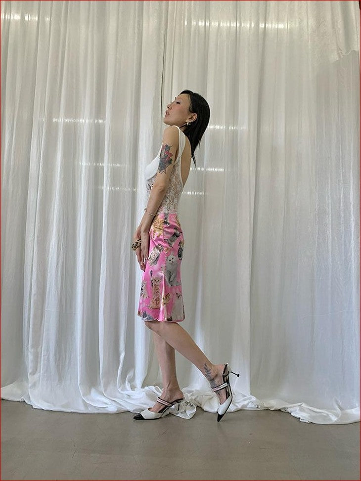 FOURFORTY Letter Print Lace Backless Party Women's Nylon Tank Tops