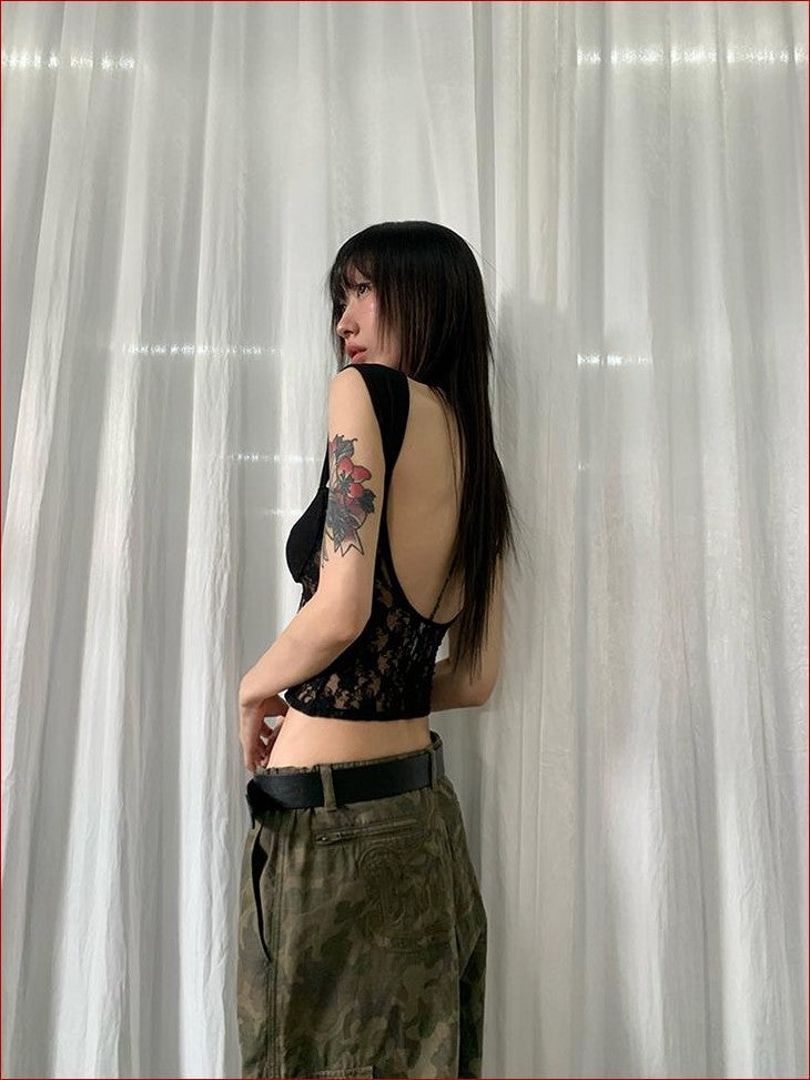 FOURFORTY Letter Print Lace Backless Party Women's Nylon Tank Tops