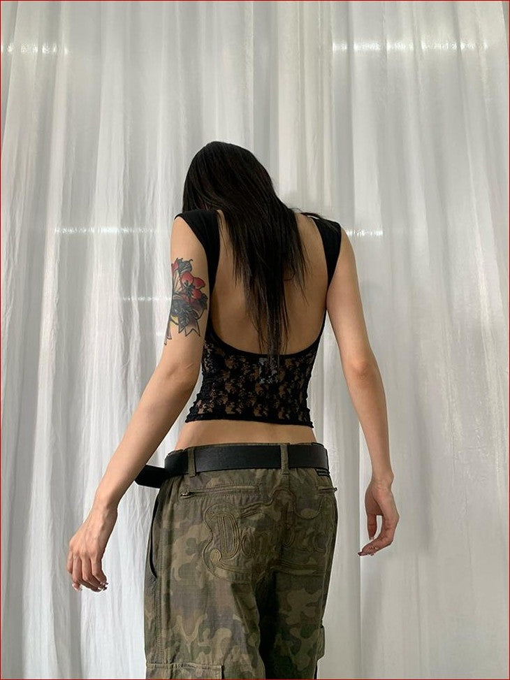 FOURFORTY Letter Print Lace Backless Party Women's Nylon Tank Tops