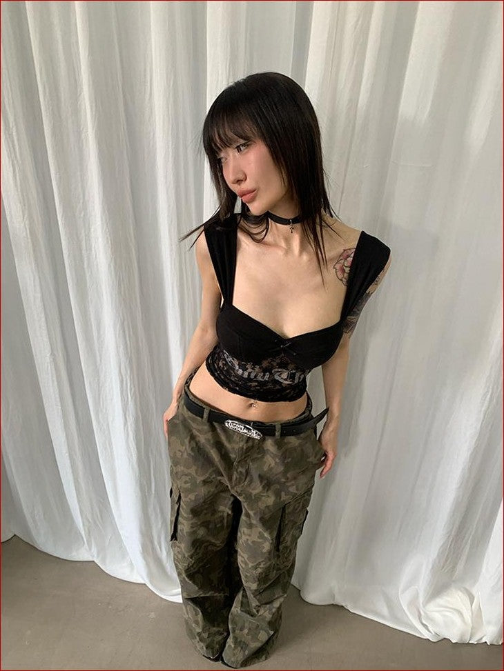 FOURFORTY Letter Print Lace Backless Party Women's Nylon Tank Tops