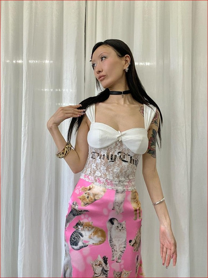 FOURFORTY Letter Print Lace Backless Party Women's Nylon Tank Tops