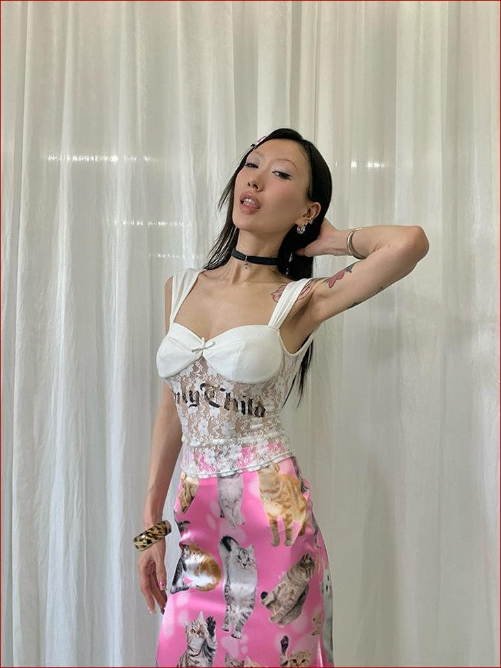 FOURFORTY Letter Print Lace Backless Party Women's Nylon Tank Tops