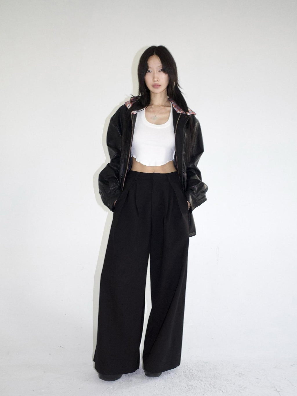 FOURFORTY Loose Structured Straight Leg Women's Wool Blend Tailored Pants
