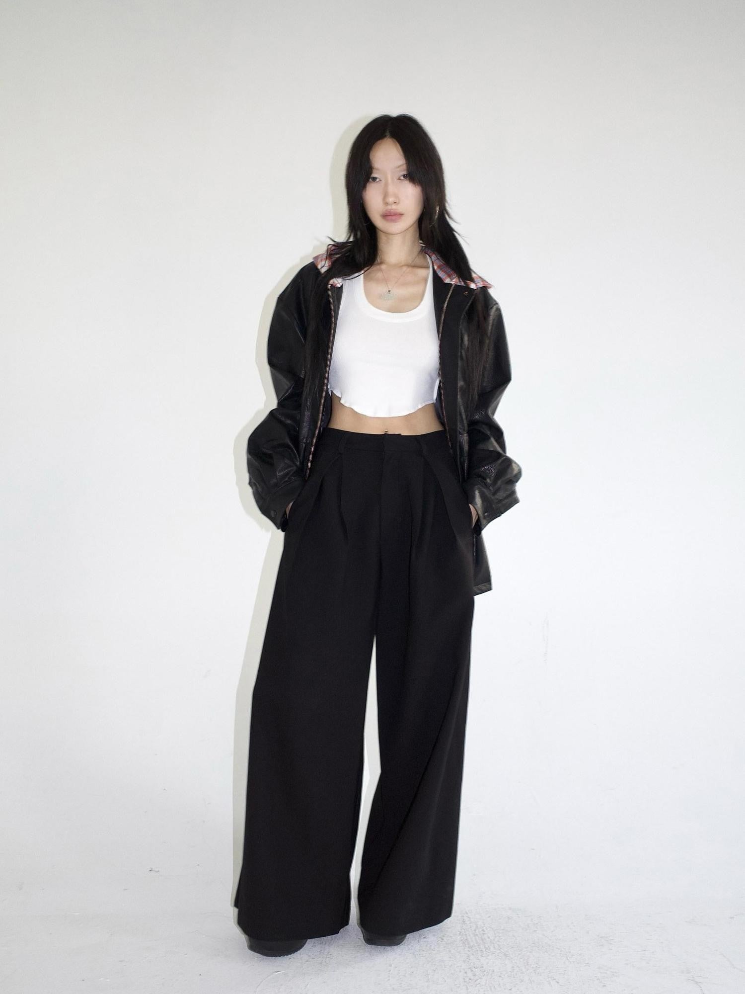 FOURFORTY Loose Structured Straight Leg Women's Wool Blend Tailored Pants