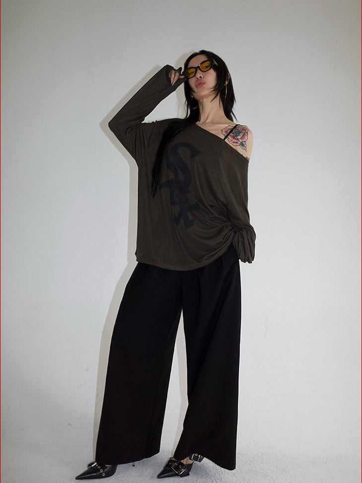 FOURFORTY Loose Structured Straight Leg Women's Wool Blend Tailored Pants