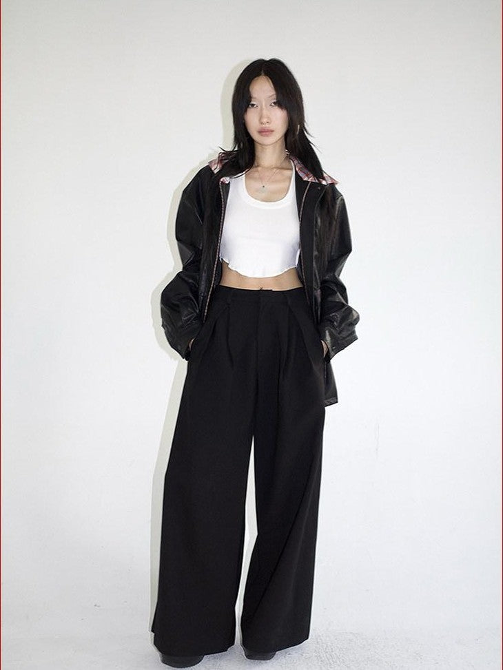 FOURFORTY Loose Structured Straight Leg Women's Wool Blend Tailored Pants