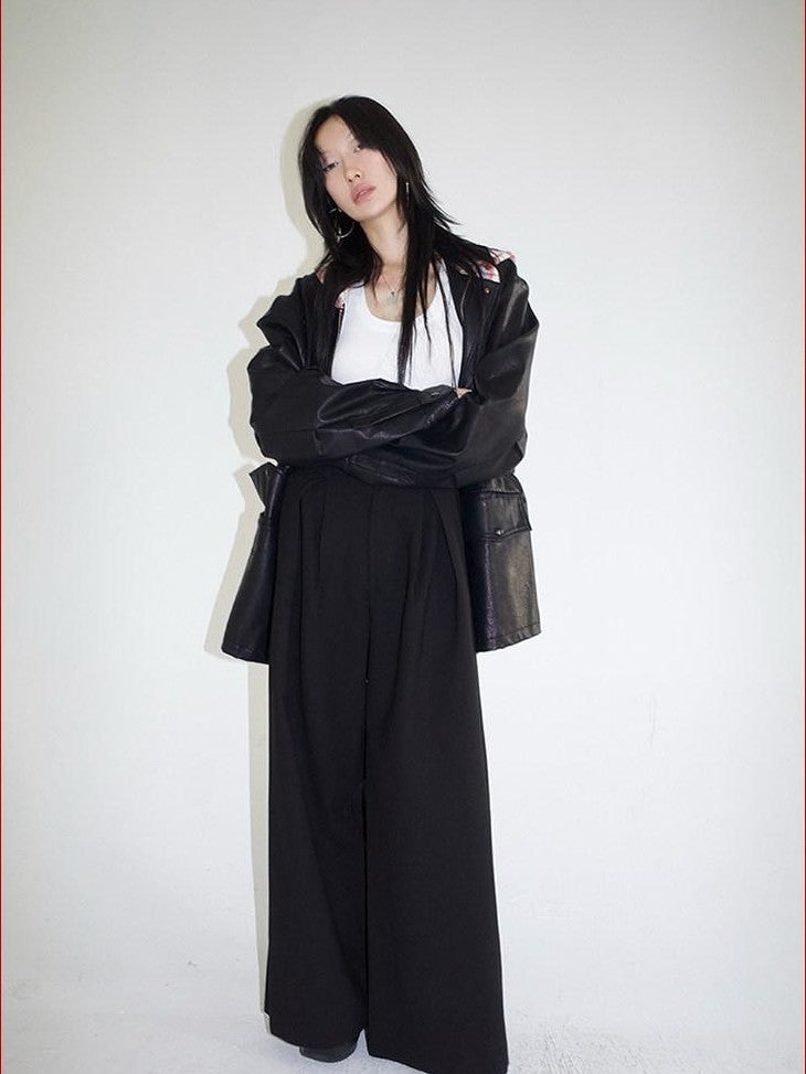 FOURFORTY Loose Structured Straight Leg Women's Wool Blend Tailored Pants