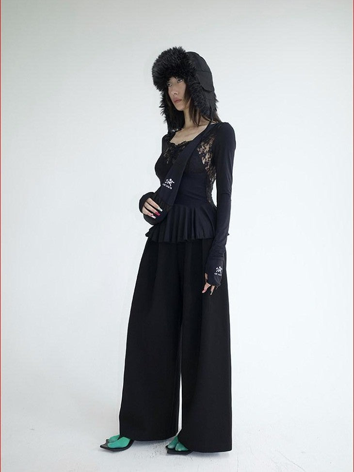 FOURFORTY Loose Structured Straight Leg Women's Wool Blend Tailored Pants