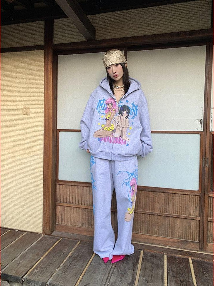 FOURFORTY Manga Girl Hand Drawn Graffiti Print Wide Leg Women's Cotton Sweatpants