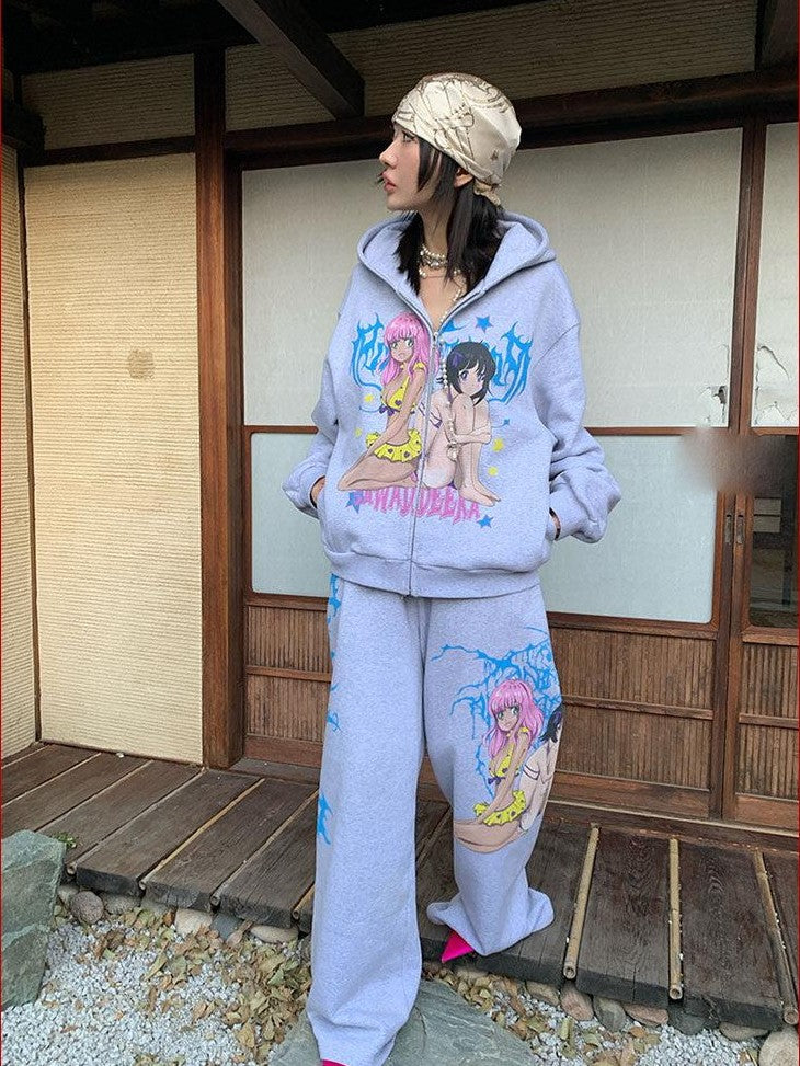 FOURFORTY Manga Girl Hand Drawn Graffiti Print Wide Leg Women's Cotton Sweatpants