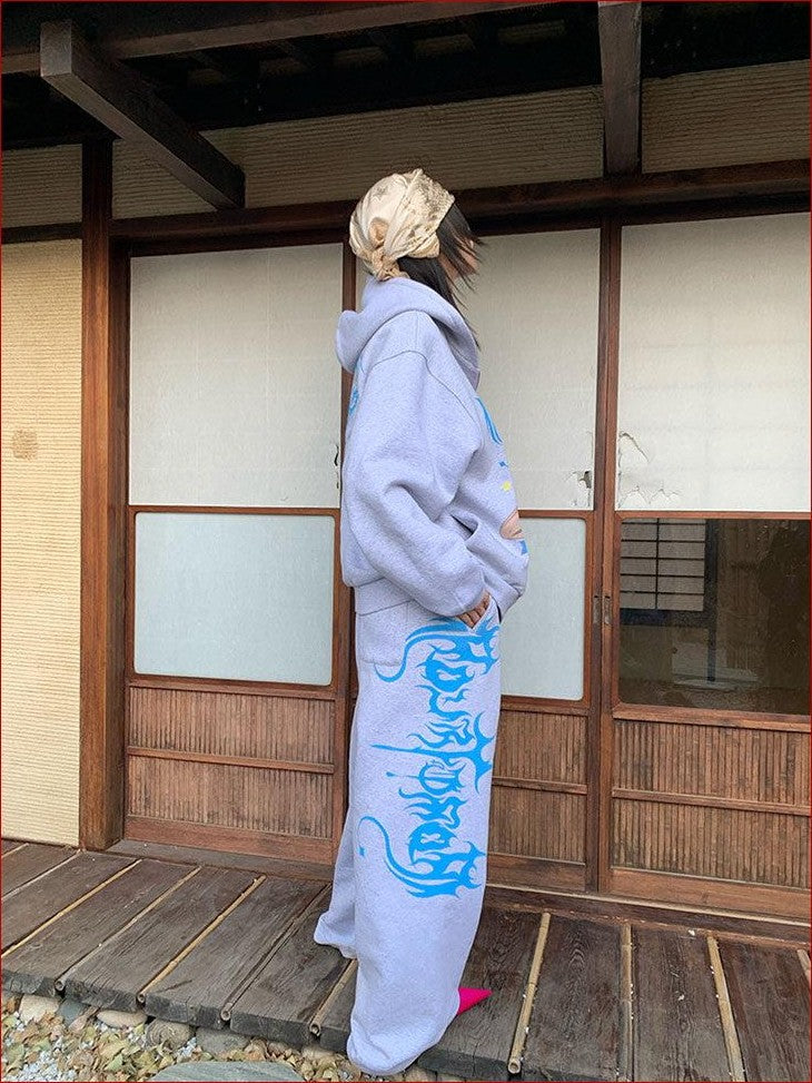 FOURFORTY Manga Girl Hand Drawn Graffiti Print Wide Leg Women's Cotton Sweatpants