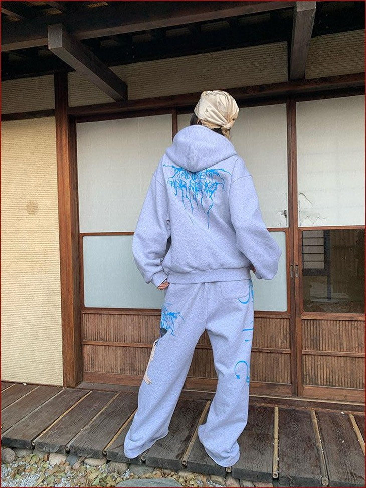 FOURFORTY Manga Girl Hand Drawn Graffiti Print Wide Leg Women's Cotton Sweatpants
