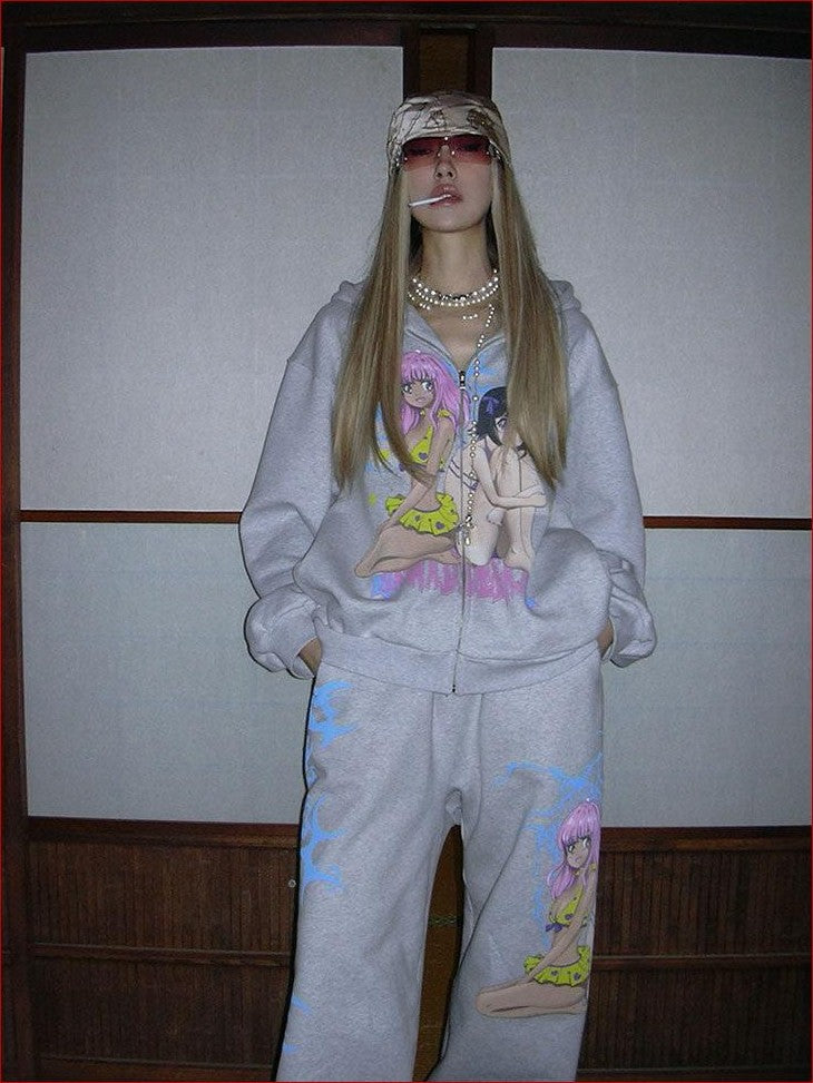 FOURFORTY Manga Girl Hand Drawn Graffiti Print Wide Leg Women's Cotton Sweatpants
