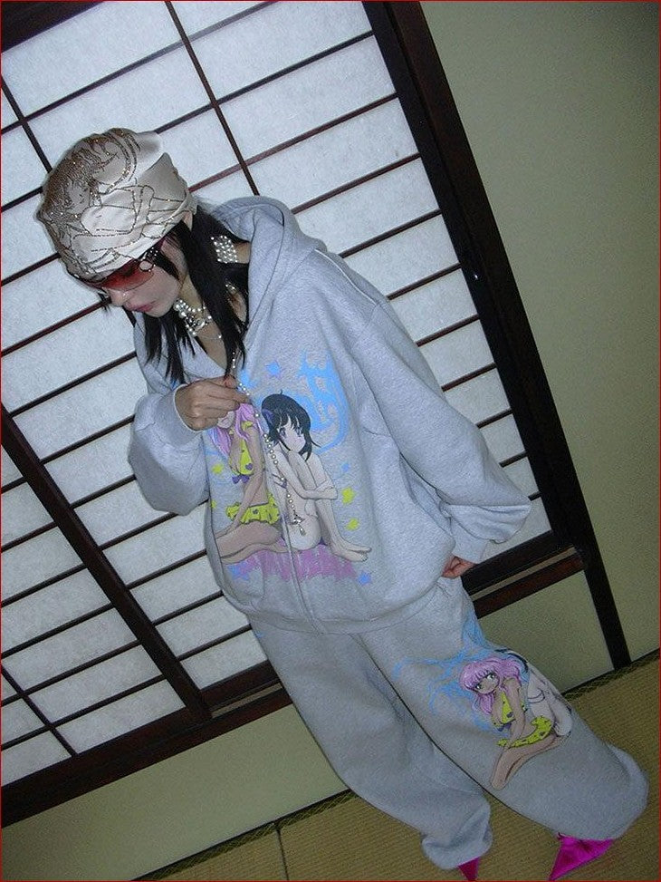 FOURFORTY Manga Girl Hand Drawn Graffiti Print Wide Leg Women's Cotton Sweatpants