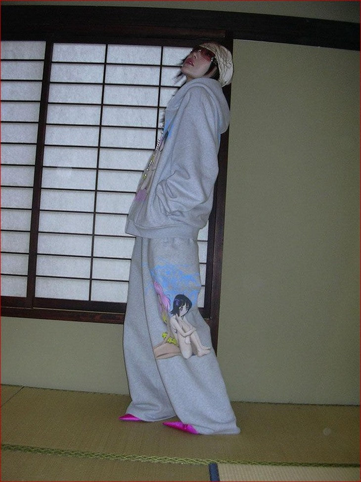 FOURFORTY Manga Girl Hand Drawn Graffiti Print Wide Leg Women's Cotton Sweatpants