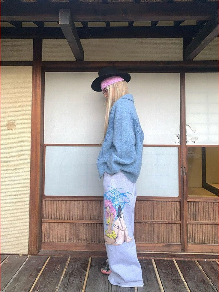 FOURFORTY Manga Girl Hand Drawn Graffiti Print Wide Leg Women's Cotton Sweatpants