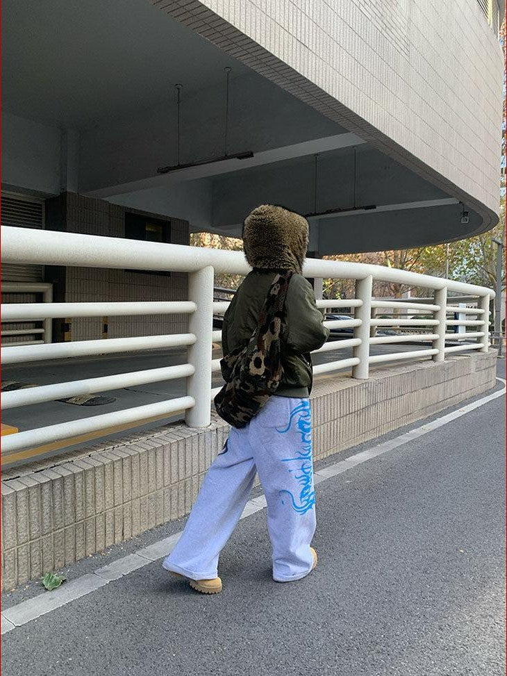 FOURFORTY Manga Girl Hand Drawn Graffiti Print Wide Leg Women's Cotton Sweatpants