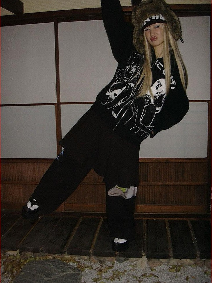 FOURFORTY Manga Girl Hand Drawn Graffiti Print Wide Leg Women's Cotton Sweatpants