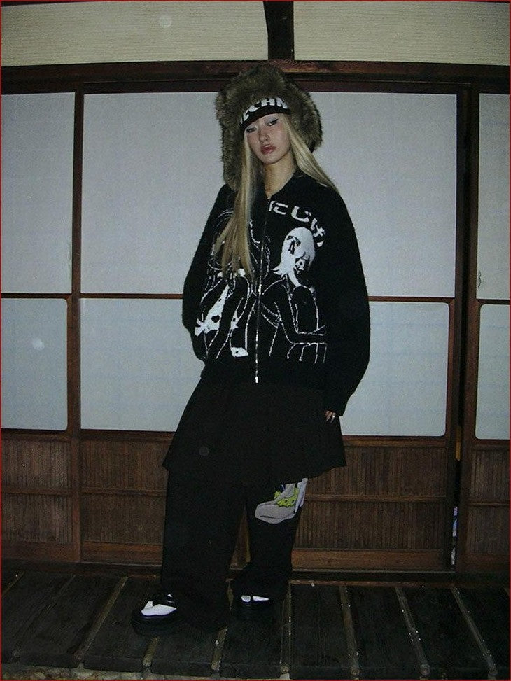 FOURFORTY Manga Girl Hand Drawn Graffiti Print Wide Leg Women's Cotton Sweatpants