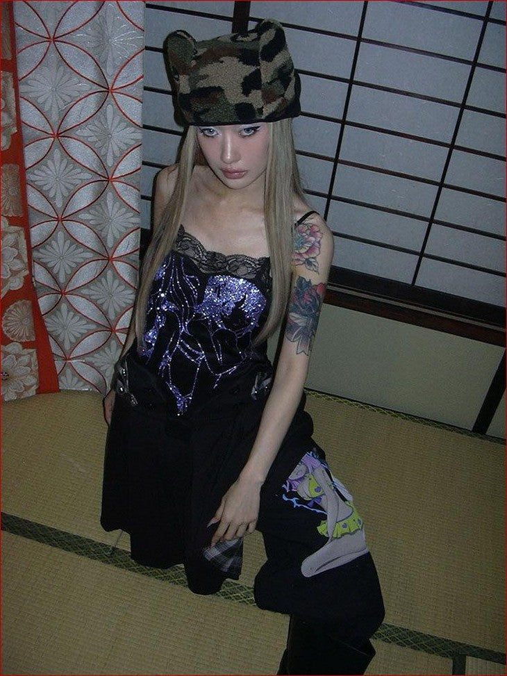FOURFORTY Manga Girl Hand Drawn Graffiti Print Wide Leg Women's Cotton Sweatpants