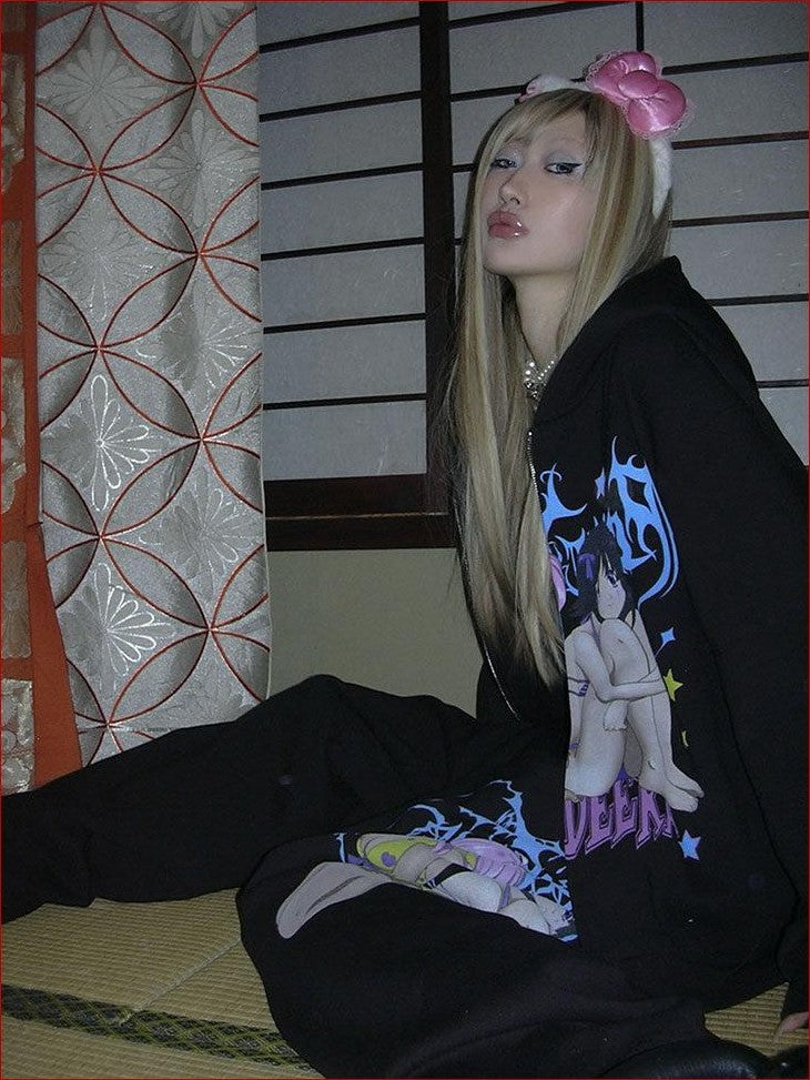 FOURFORTY Manga Girl Hand Drawn Graffiti Print Wide Leg Women's Cotton Sweatpants
