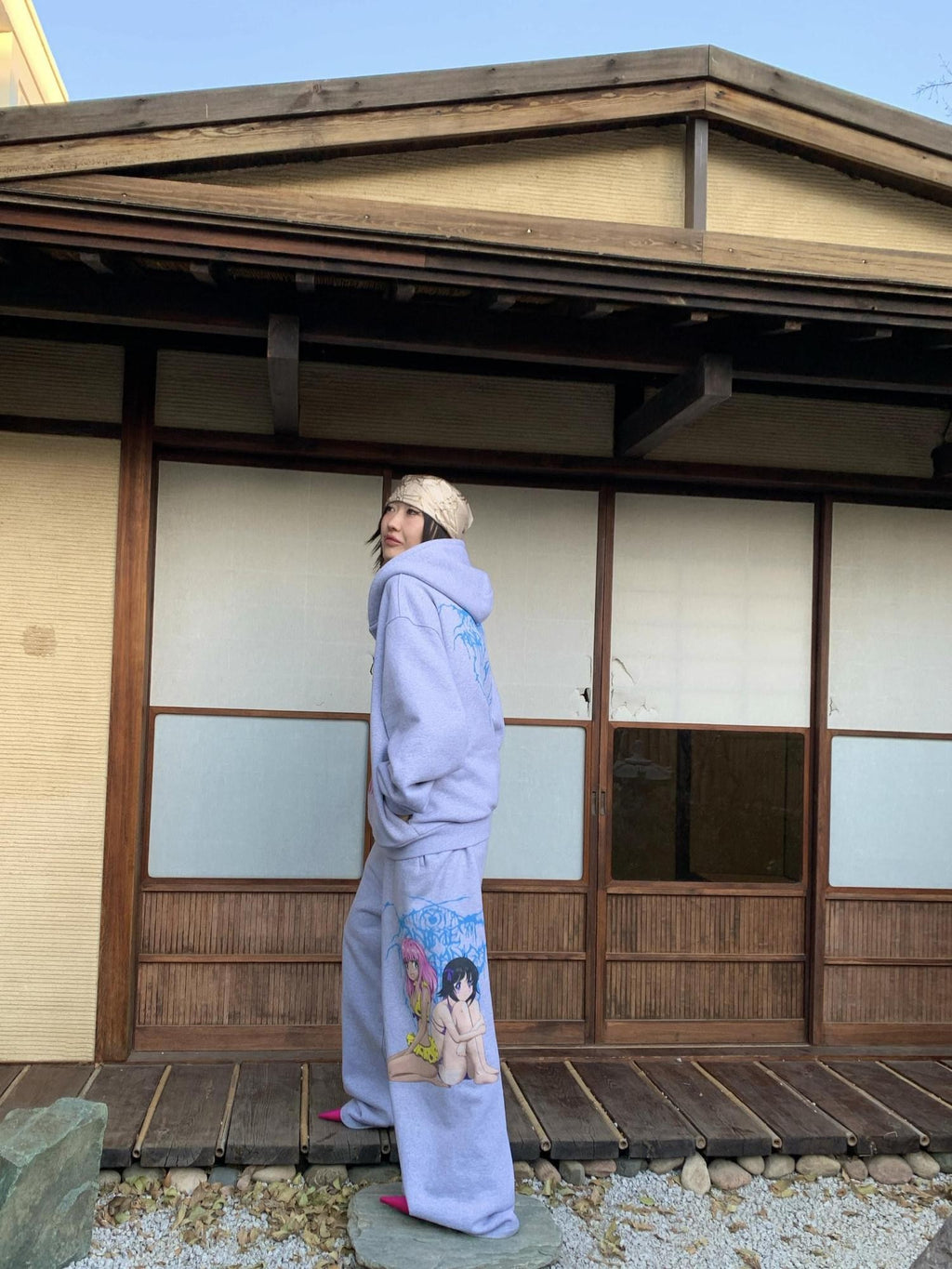 FOURFORTY Manga Girl Hand Drawn Graffiti Print Wide Leg Women's Cotton Sweatpants