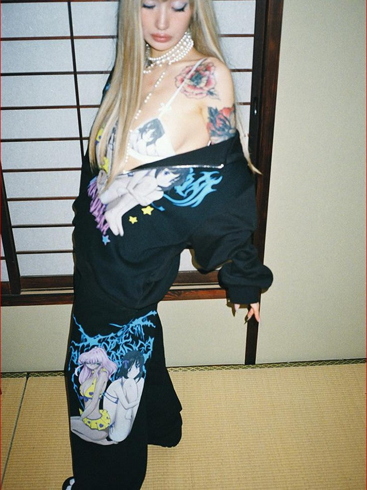 FOURFORTY Manga Girl Hand Drawn Graffiti Print Wide Leg Women's Cotton Sweatpants