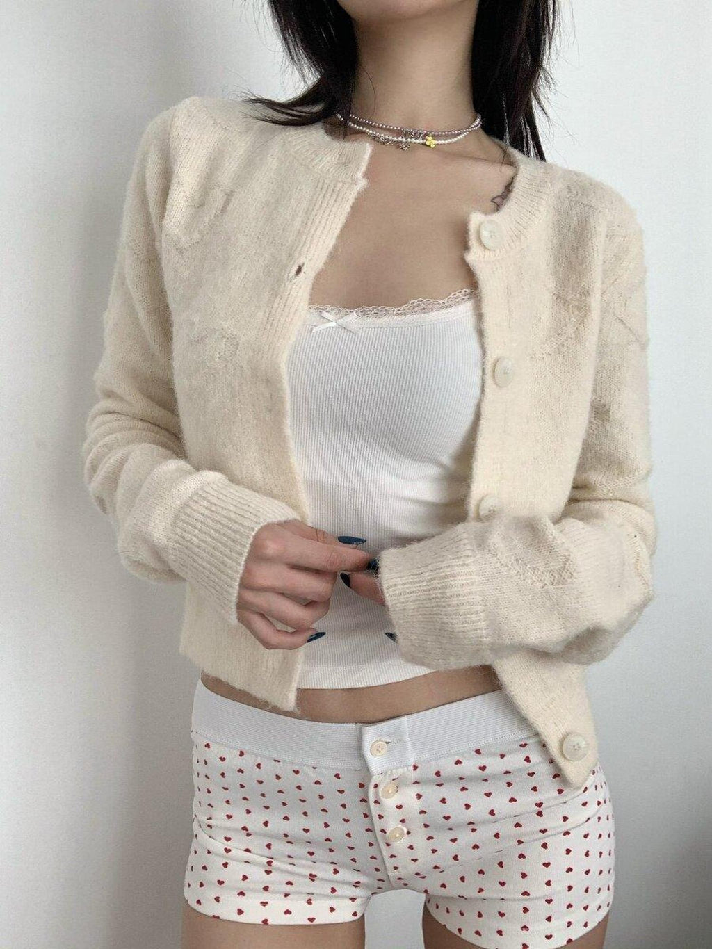 FOURFORTY Milk White Slouchy Layered Warmth Waist Cinch Women's Polyester Blend Cardigans