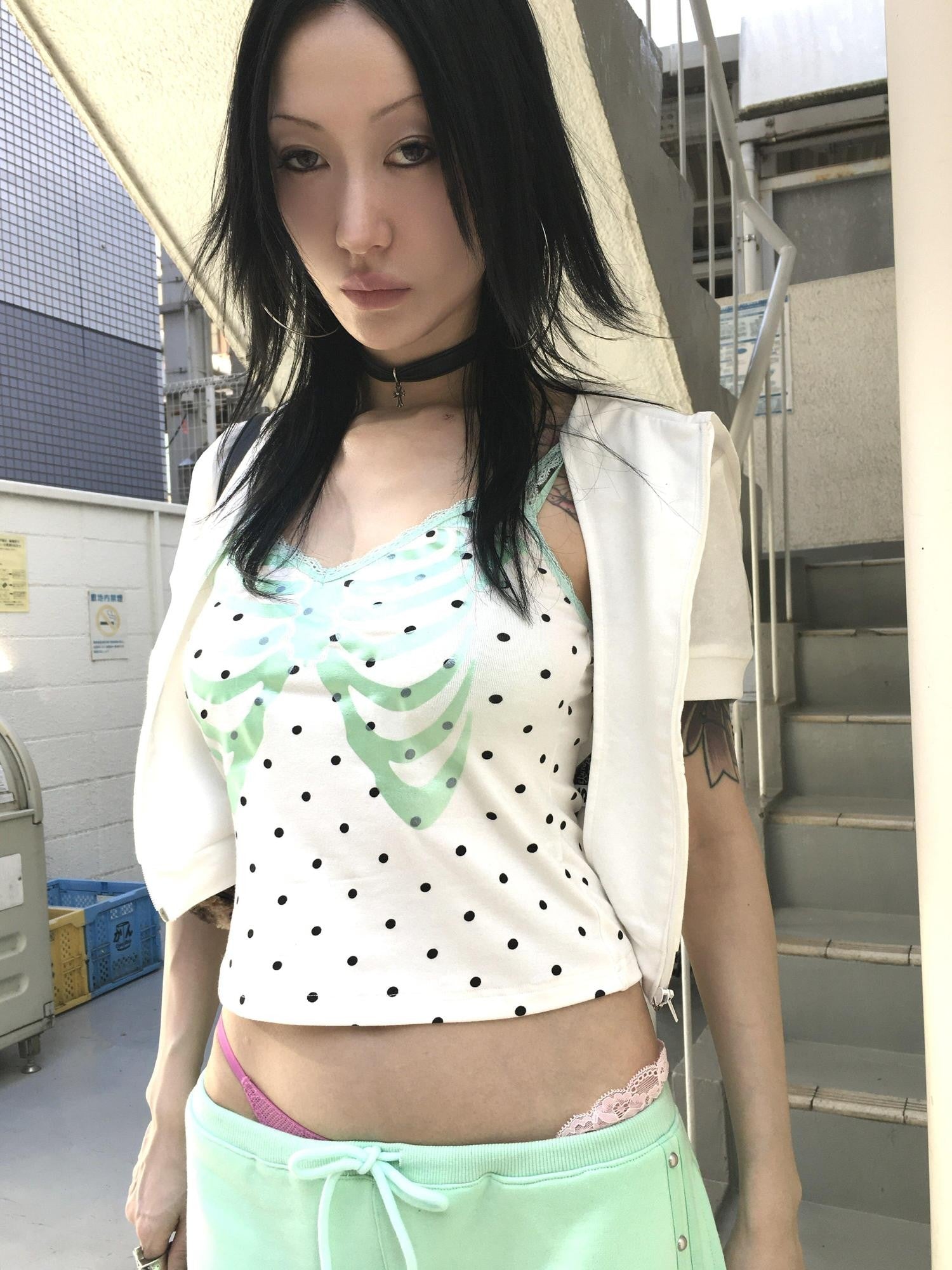 FOURFORTY Mint Boned Polka Dot Skull V-neck Women's Viscose Blend Lace Camisoles