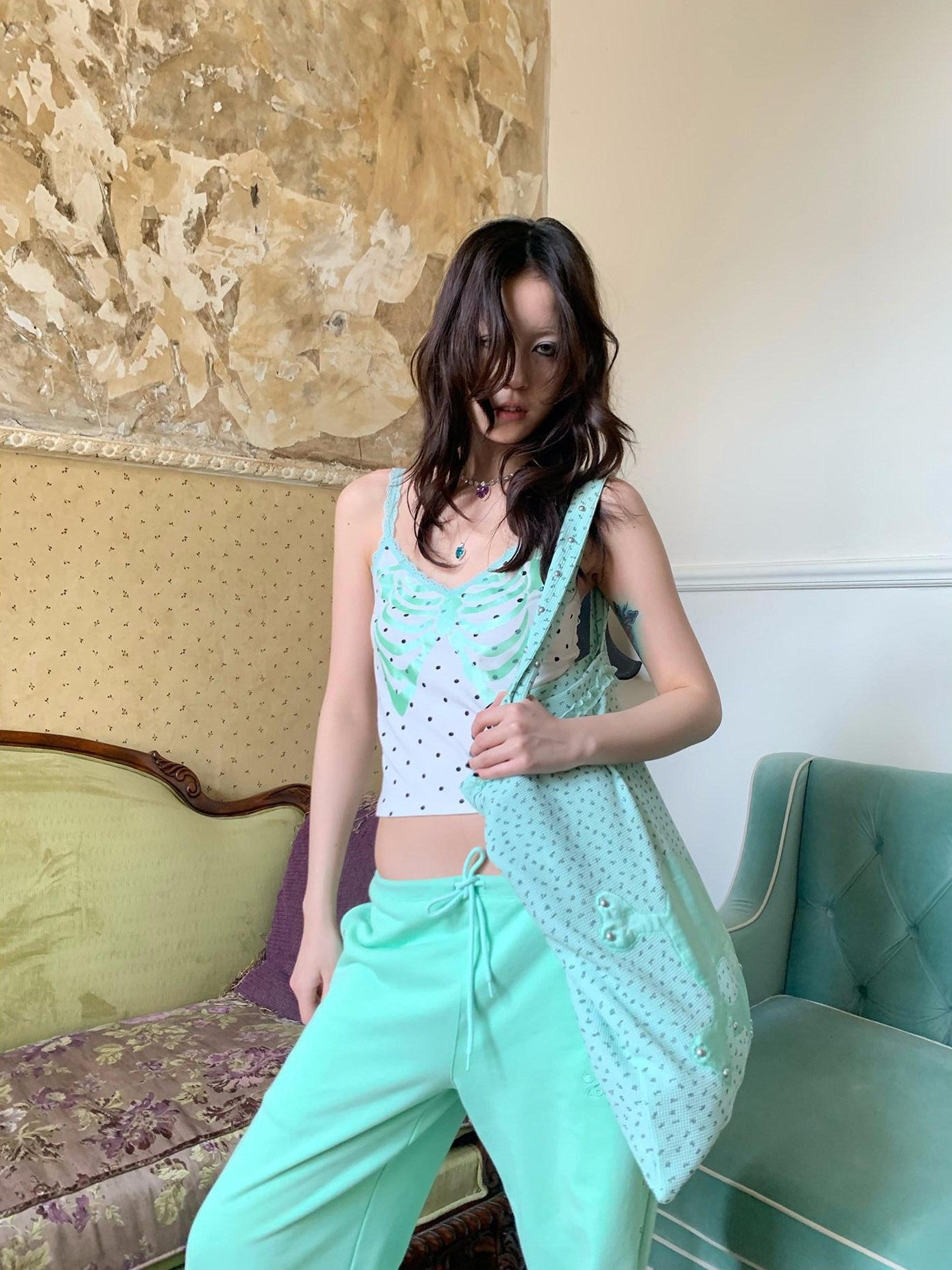 FOURFORTY Mint Boned Polka Dot Skull V-neck Women's Viscose Blend Lace Camisoles