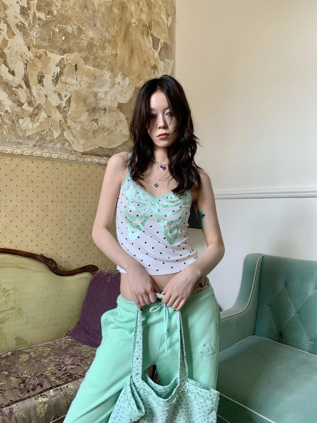 FOURFORTY Mint Boned Polka Dot Skull V-neck Women's Viscose Blend Lace Camisoles