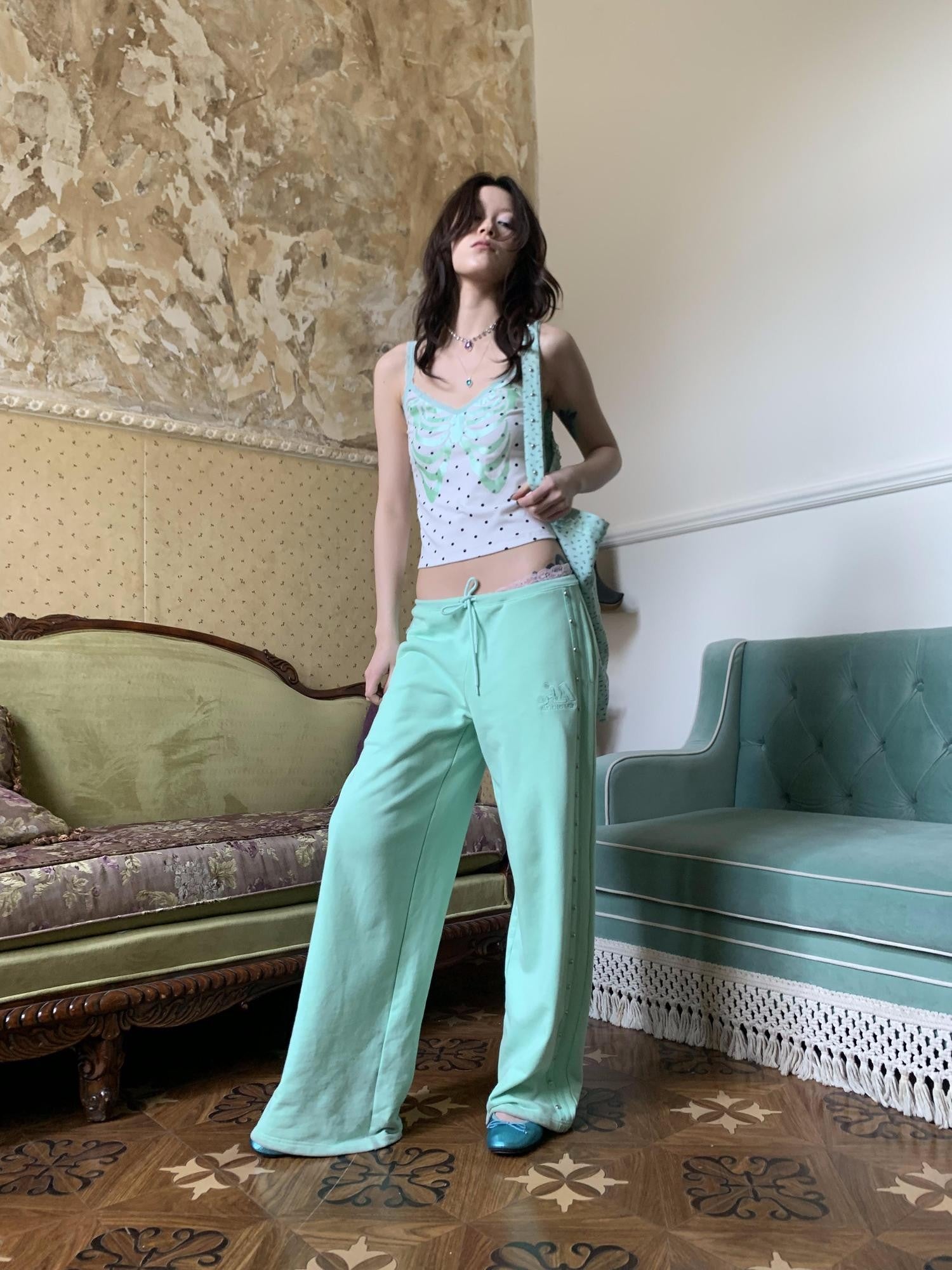 FOURFORTY Mint Boned Polka Dot Skull V-neck Women's Viscose Blend Lace Camisoles