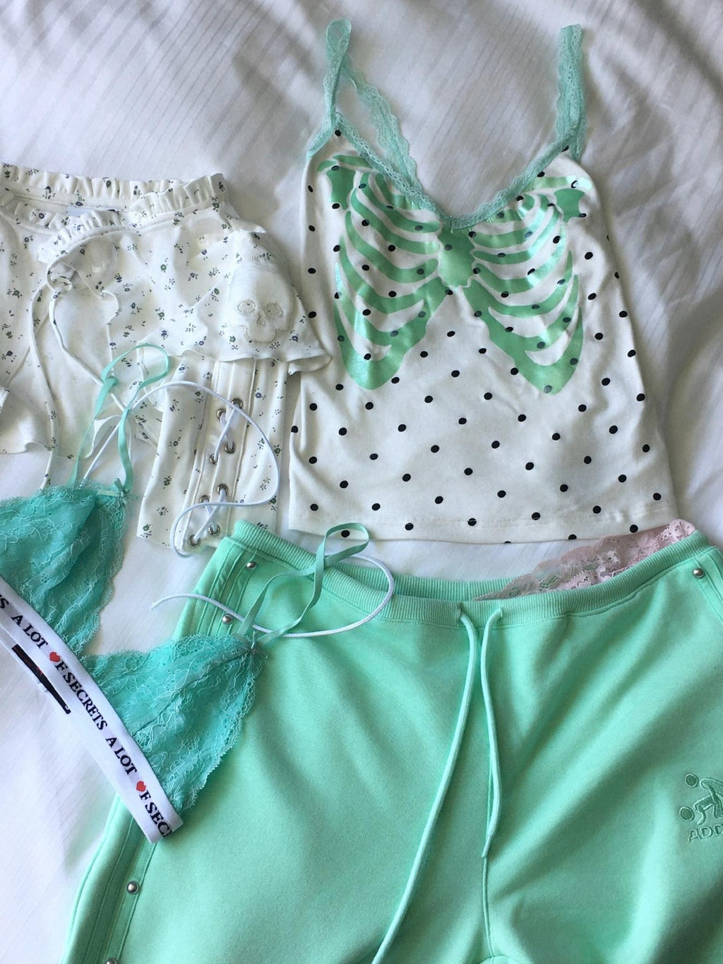 FOURFORTY Mint Boned Polka Dot Skull V-neck Women's Viscose Blend Lace Camisoles