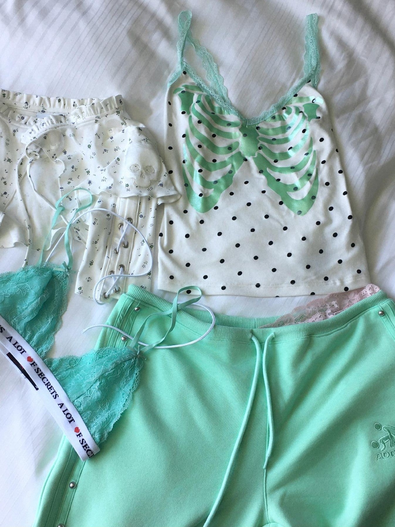 FOURFORTY Mint Boned Polka Dot Skull V-neck Women's Viscose Blend Lace Camisoles