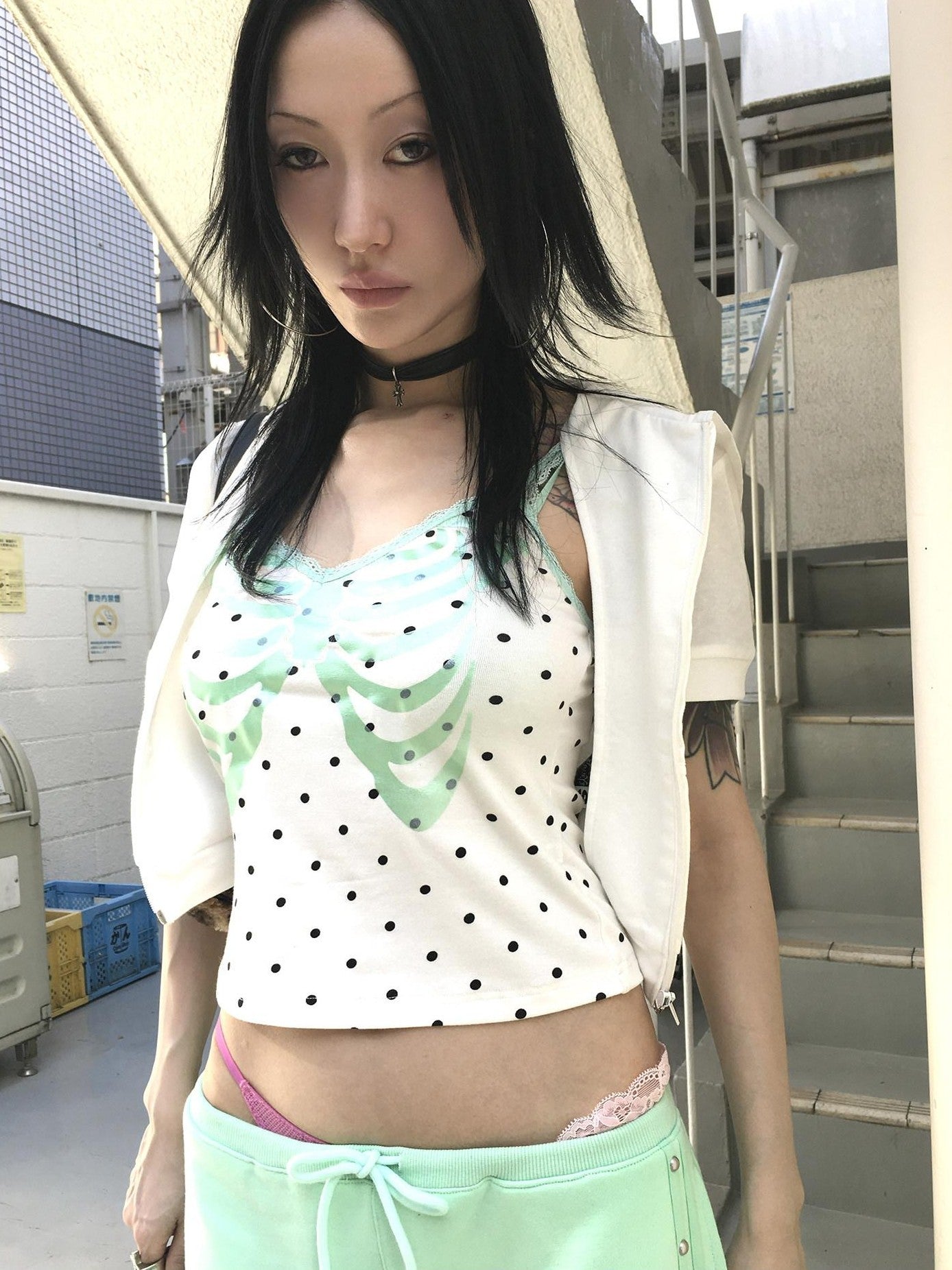 FOURFORTY Mint Boned Polka Dot Skull V-neck Women's Viscose Blend Lace Camisoles