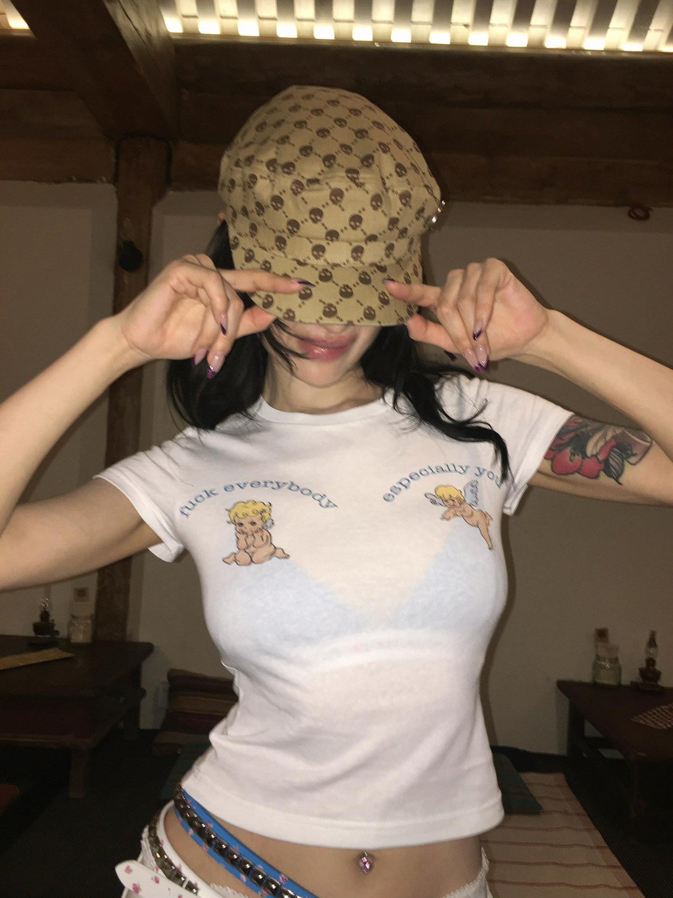 FOURFORTY Mint Green Baby Angel Hand Gesture Graphic Women's Crop Tops