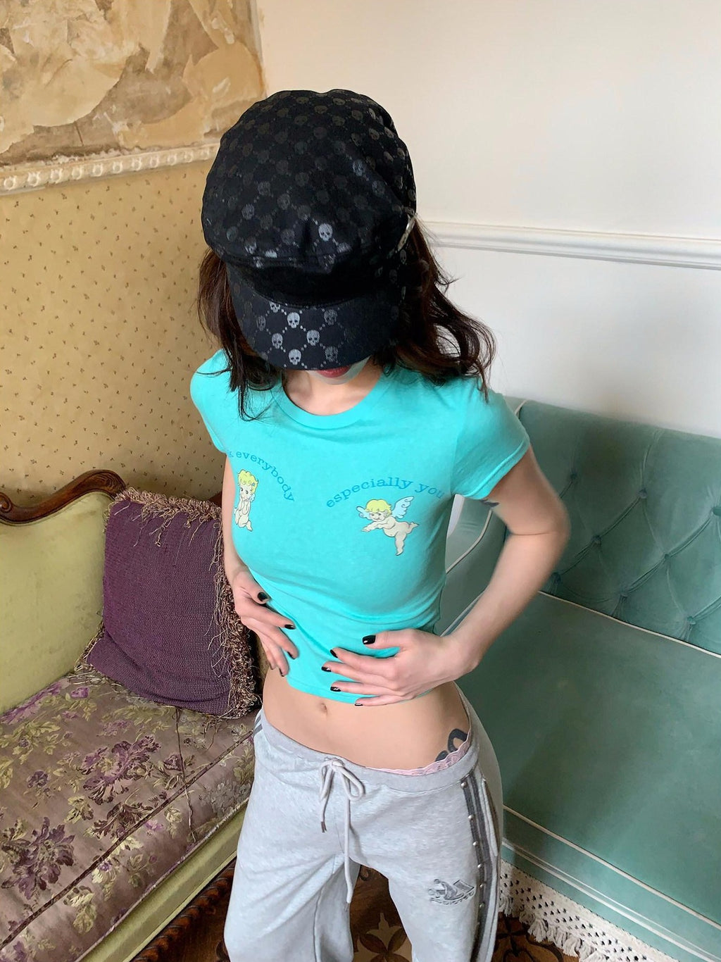 FOURFORTY Mint Green Baby Angel Hand Gesture Graphic Women's Crop Tops